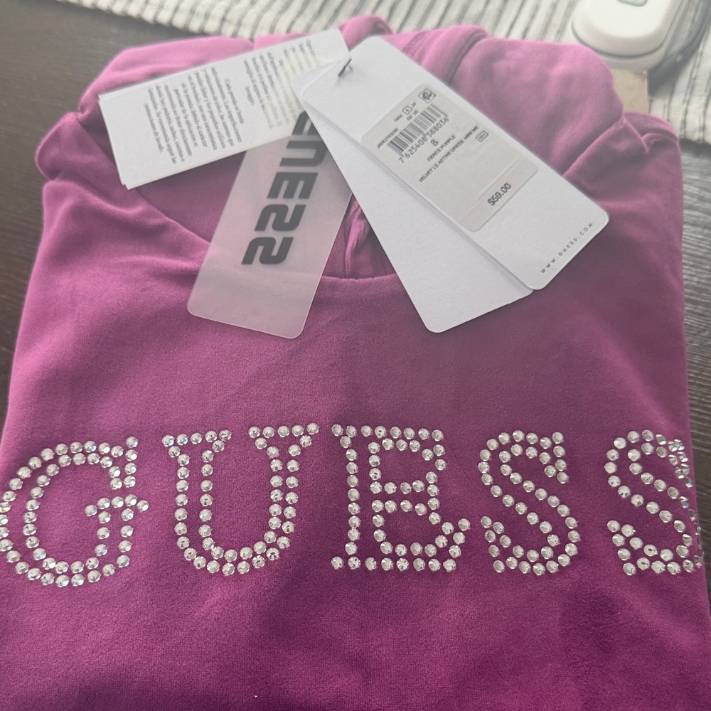 Guess Magenta Rhinestone Logo Sweatshirt dress